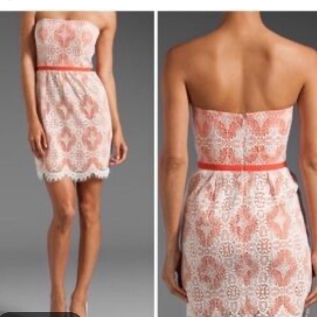 Shoshanna Strapless Coral And White Lace Dress With Waist Ribbon